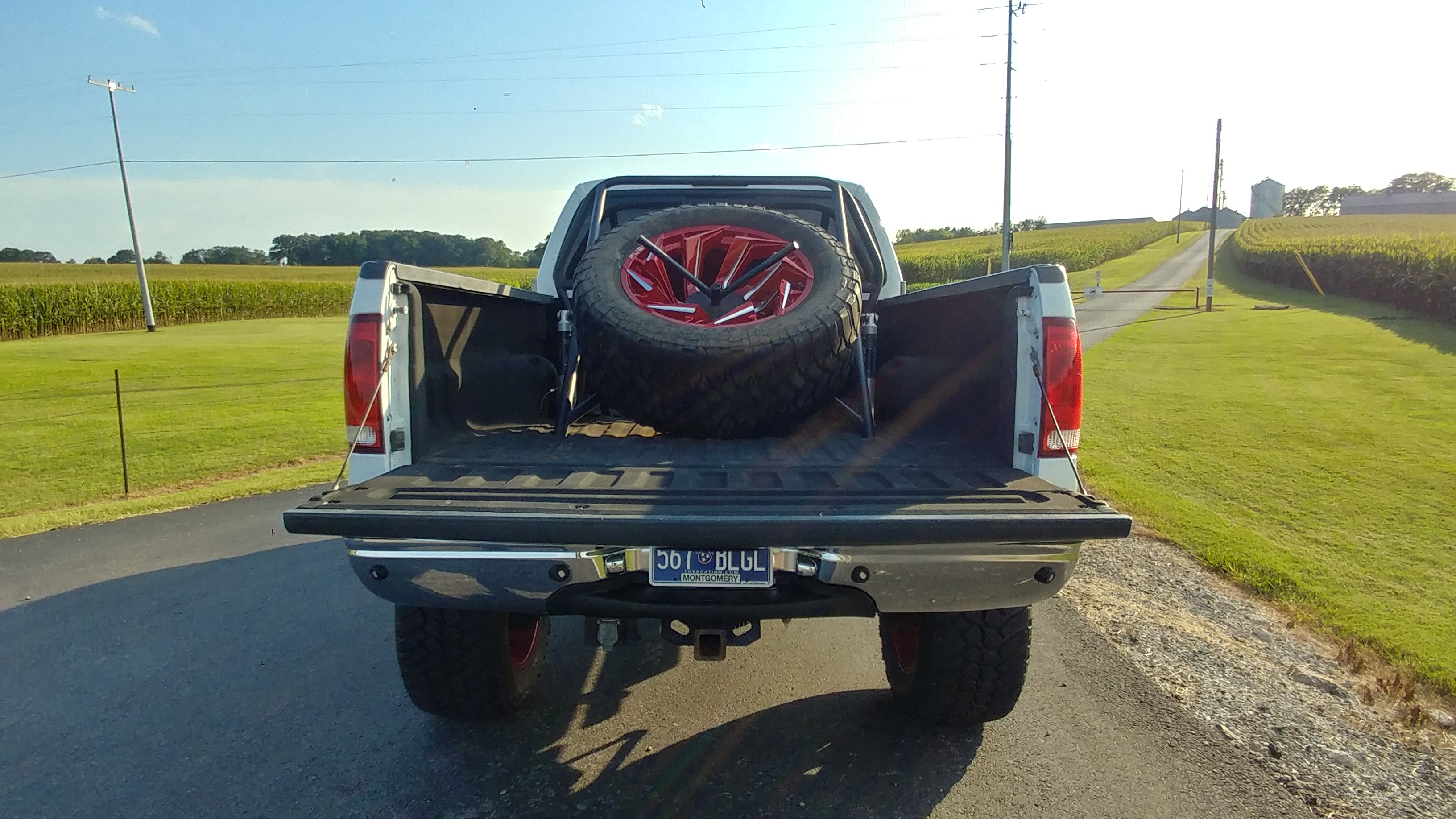 Tailgate down showing the bed, roll cage and full size spare